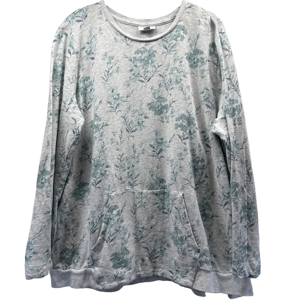 J Jill Women's Top Size XL Blue Green Floral Fleece Kangaroo Pocket Long Sleeve